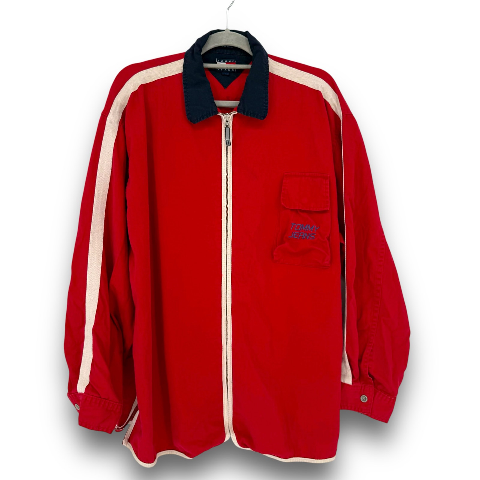 1990s Vintage Tommy Jeans Full Zip Rugby Shirt Jacket, Logo Red, Men's Size L